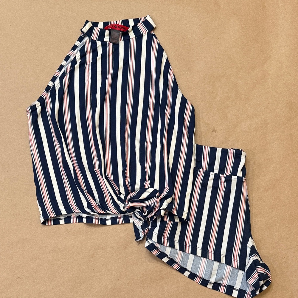 Hot Kiss Navy and White Striped  Short Set